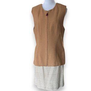 Oleg Cassini Vintage 70s 80s wool set tan zip vest and houndstooth skirt sz 16